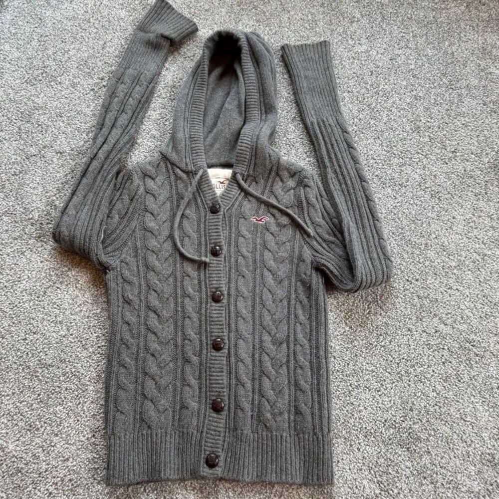 Vintage Y2K Hollister Grey Cable Knit Hooded Cardigan Sweater